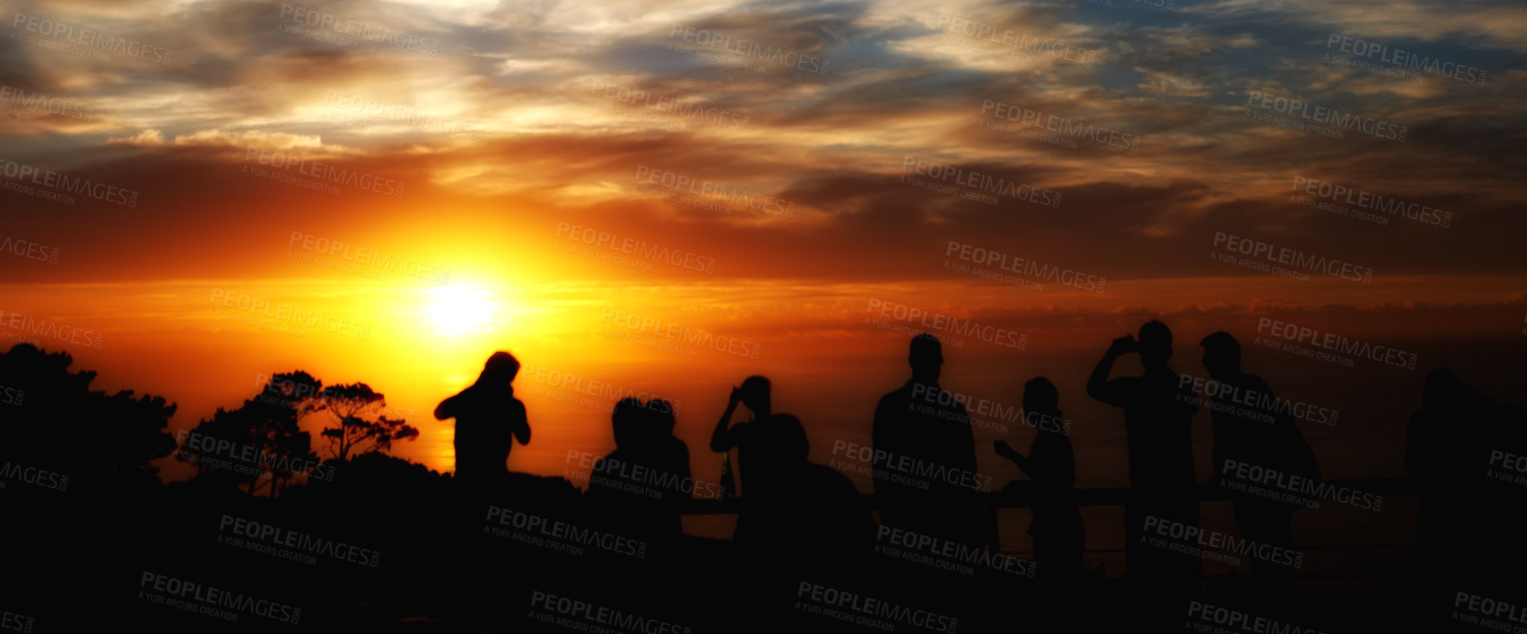 Buy stock photo Silhouette, sunset and nature with people outdoor, nature and environment with view of evening sky. Travel, adventure with horizon or skyline, twilight or dusk with natural light, sun and fresh air