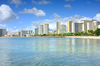 Buy stock photo Beach, city and building development on coast for holiday destination in Miami for vacation, swimming or explore. Sea, skyscraper and urban downtown travel for summer getaway, architecture or water