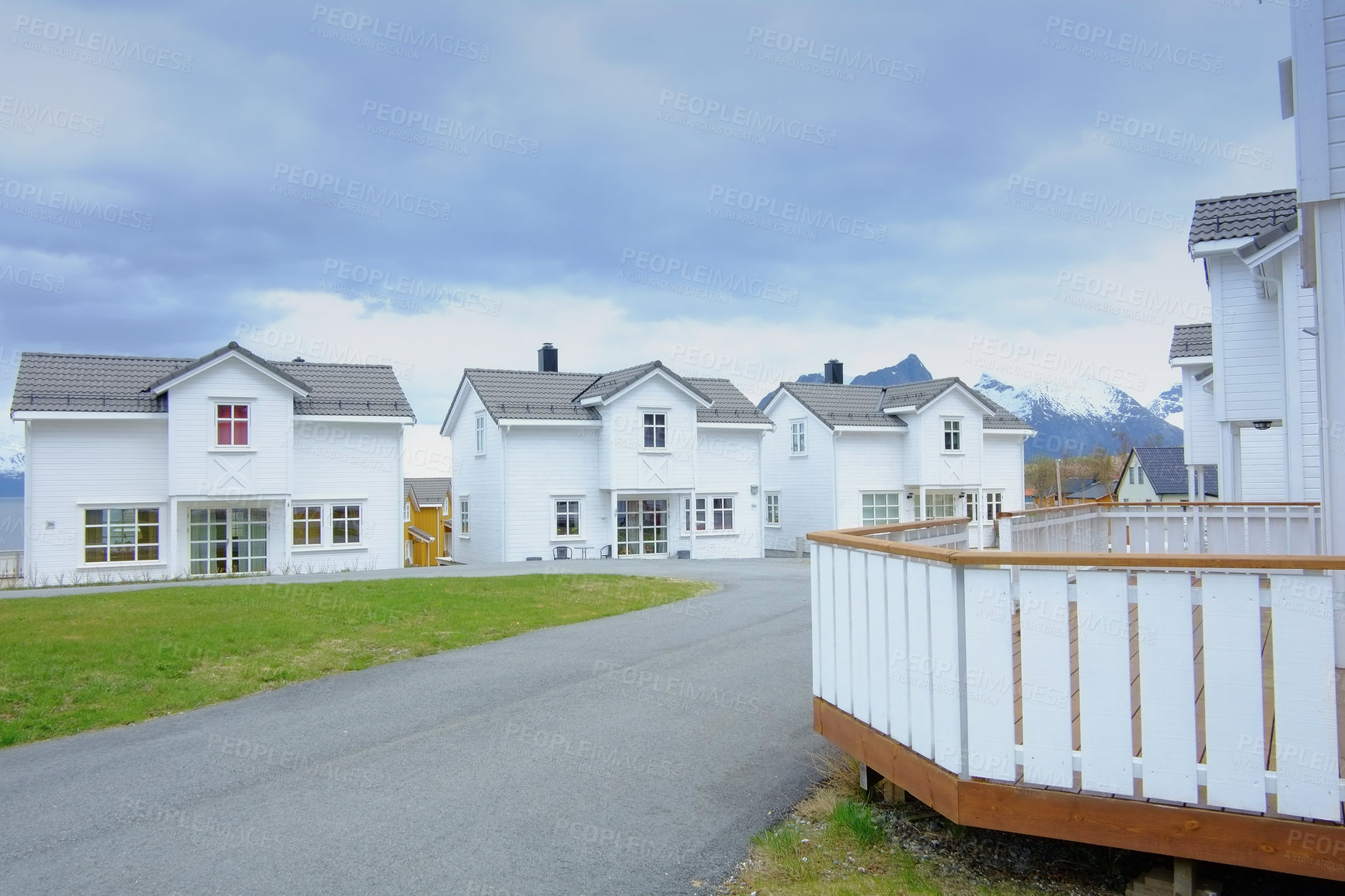 Buy stock photo Modern, newly-built houses in Norway. Beautiful and picturesque residential area with public housing in a modern and quite harbour town. The perfect district or suburb for a growing or settled family