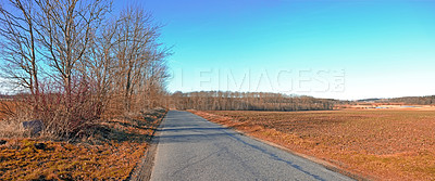 Buy stock photo Road, landscape and trees with field in countryside for travel, adventure and autumn with blue sky in nature. Street, path and location in Amsterdam with tarmac, roadway and environment for tourism
