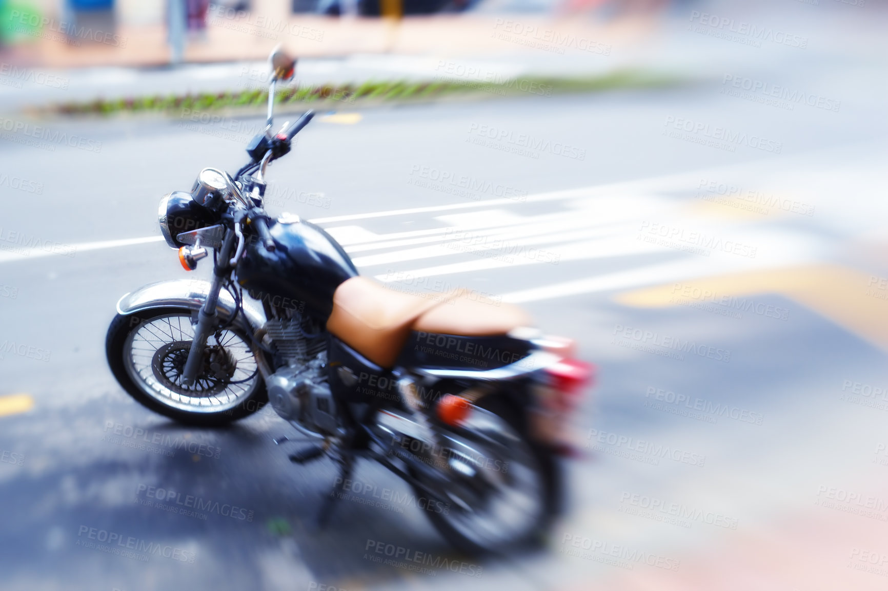 Buy stock photo Blur, parked motorbike in street and transportation for travel in city, journey or road trip for speed and adventure. Motorcycle, ride and commute with stationary bike outdoor, power and moto machine