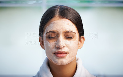 Buy stock photo Skincare, beauty and woman in face mask in bathroom for hydration on mockup space at home. Eyes closed, facial treatment and person with cosmetics for dermatology, wellness and cleansing healthy skin