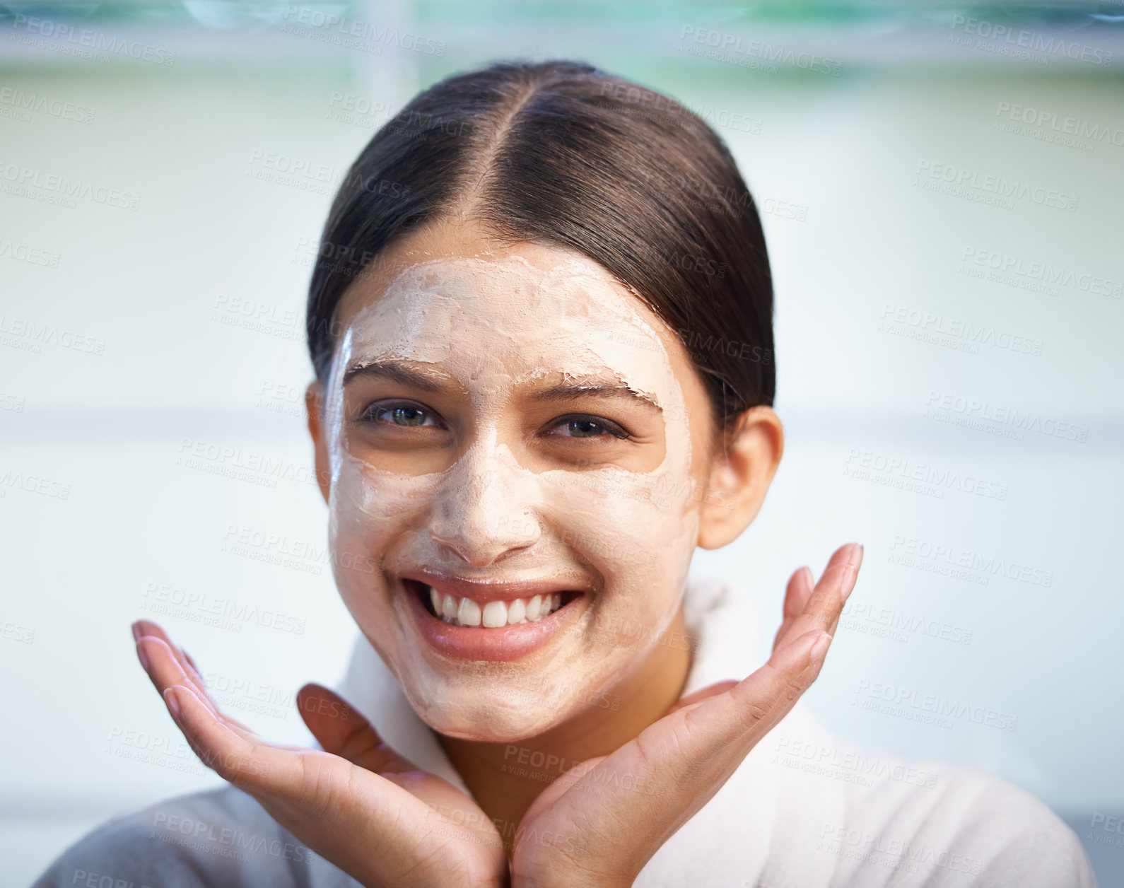 Buy stock photo Skincare, clay and portrait of happy woman in face mask in bathroom for hydration at home. Smile, facial treatment and person with cosmetics for dermatology, wellness and cleansing skin for beauty