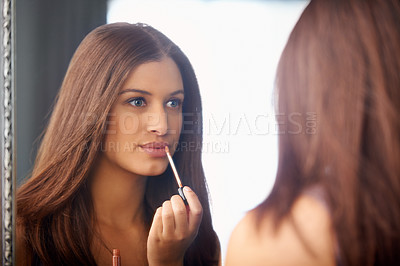 Buy stock photo Woman, lip gloss and confidence in mirror for makeup, application and getting ready with reflection in bedroom. Mouth, shine and person with skin treatment for cosmetics, self care and beauty product