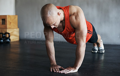 Buy stock photo Strong, muscle and man doing strength push up for fitness lifestyle, determination or body fitness commitment. Diamond pushup, power challenge or active person workout, bodybuilding or floor exercise