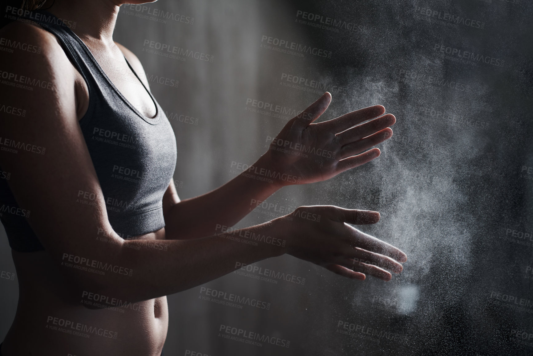 Buy stock photo Fitness, woman and dust hands with chalk for intense workout, training or exercise at the gym. Hand of female personal trainer with powder for weightlifting, grip or preparation for exercising