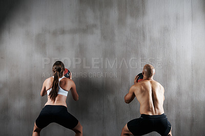 Buy stock photo Training, wall and people throw medicine ball for fitness strength, bodybuilding development or gym exercise challenge. Muscular, mockup and back of strong team doing bodybuilder workout for power 
