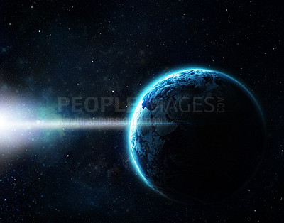 Buy stock photo Earth, outer space and globe view of world and solar system in galaxy with stars. Universe, astrology and aerospace of a blue planet with clouds and sun with night and science in the dark milky way