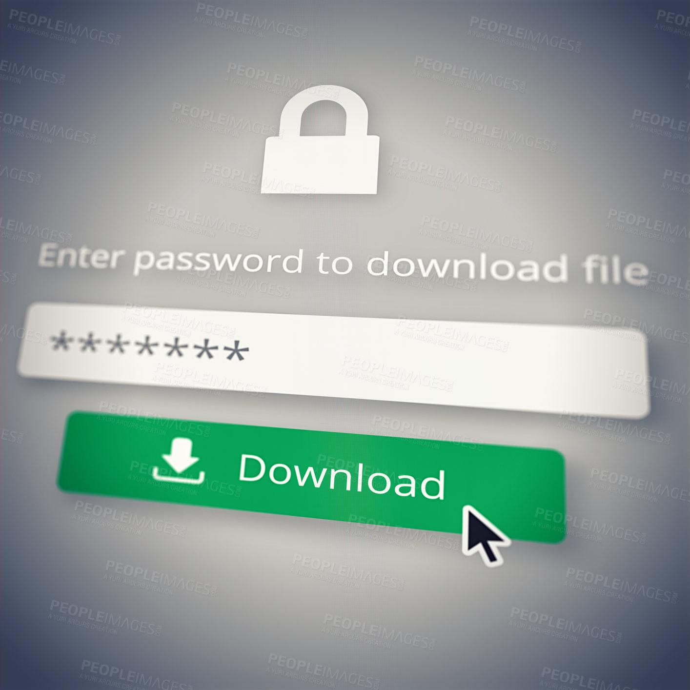Buy stock photo Cybersecurity, download and password with icon on screen to select or click button symbol for access. Computer, code or data protection with cursor on display for file or information sharing online