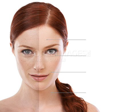Buy stock photo Conceptual studio shot of lines pointing to different parts of an attractive woman's face