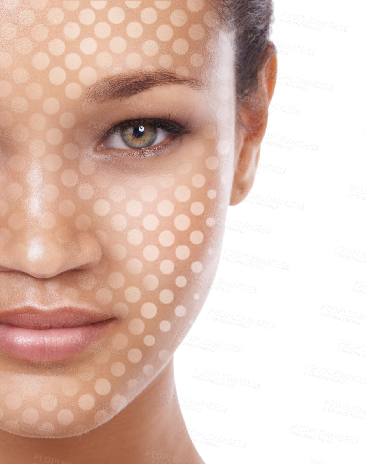 Buy stock photo Conceptual studio portrait of a young ethnic woman with a dot matrix overlay on her face