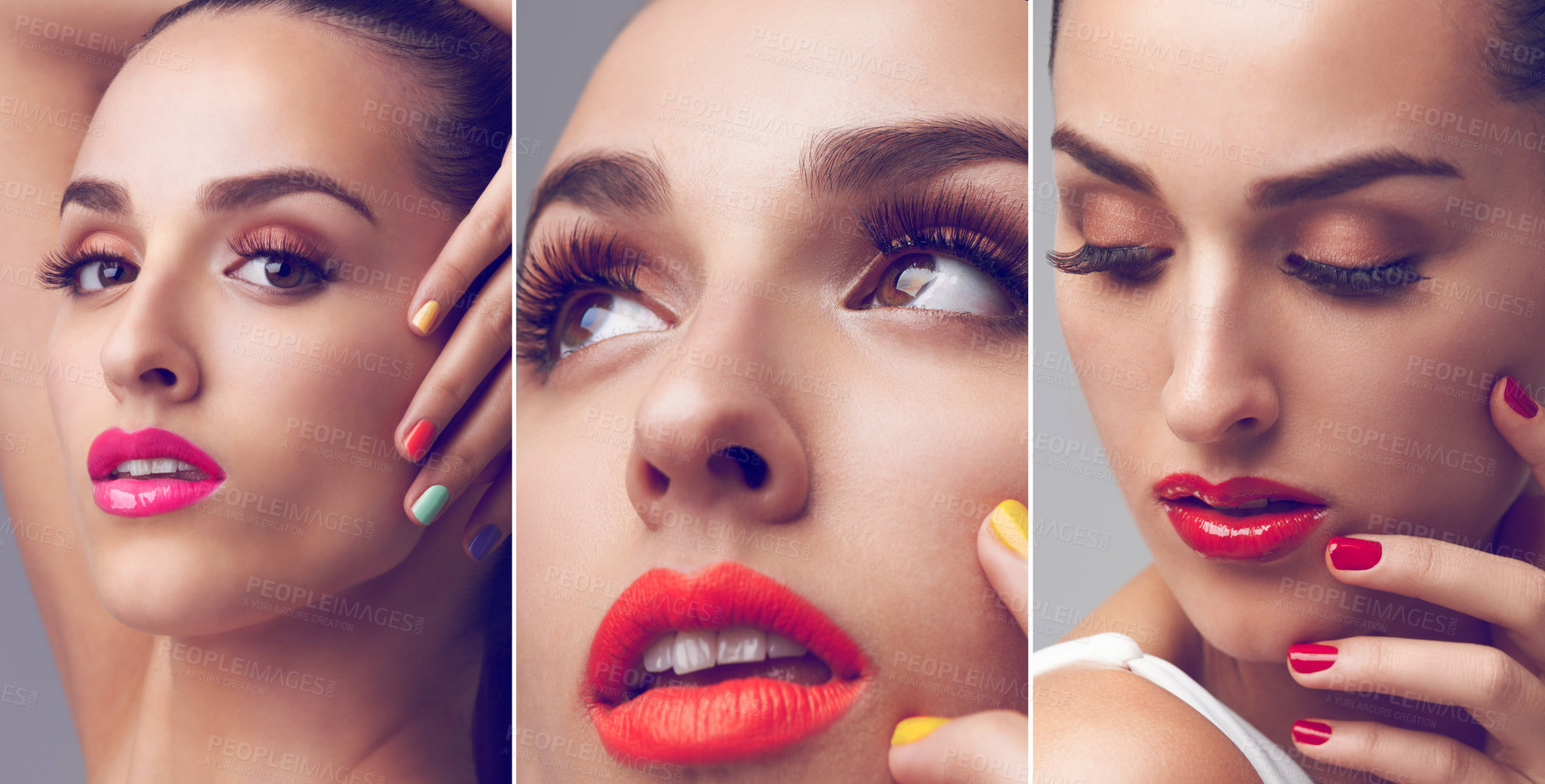 Buy stock photo Studio shot of an attractive young woman wearing colorful makeup