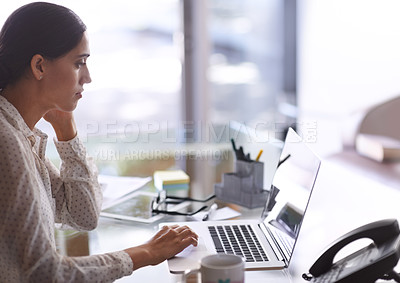 Buy stock photo Businesswomen, laptop and working at office, desk and computer for corporate worker. Technology, online and concentrated female financial advisor, deadline and screen on table for budget and money