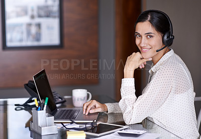 Buy stock photo Business, woman and portrait with headset in office for consulting for customer service or assistance with crm. Female operator, agent and representative with microphone for telecommunication career.