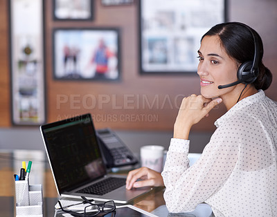 Buy stock photo Businesswoman, phone call and headset with laptop, virtual assistant and online in corporate office. Technology, computer and thinking for financial advisor, employee and communication with client  
