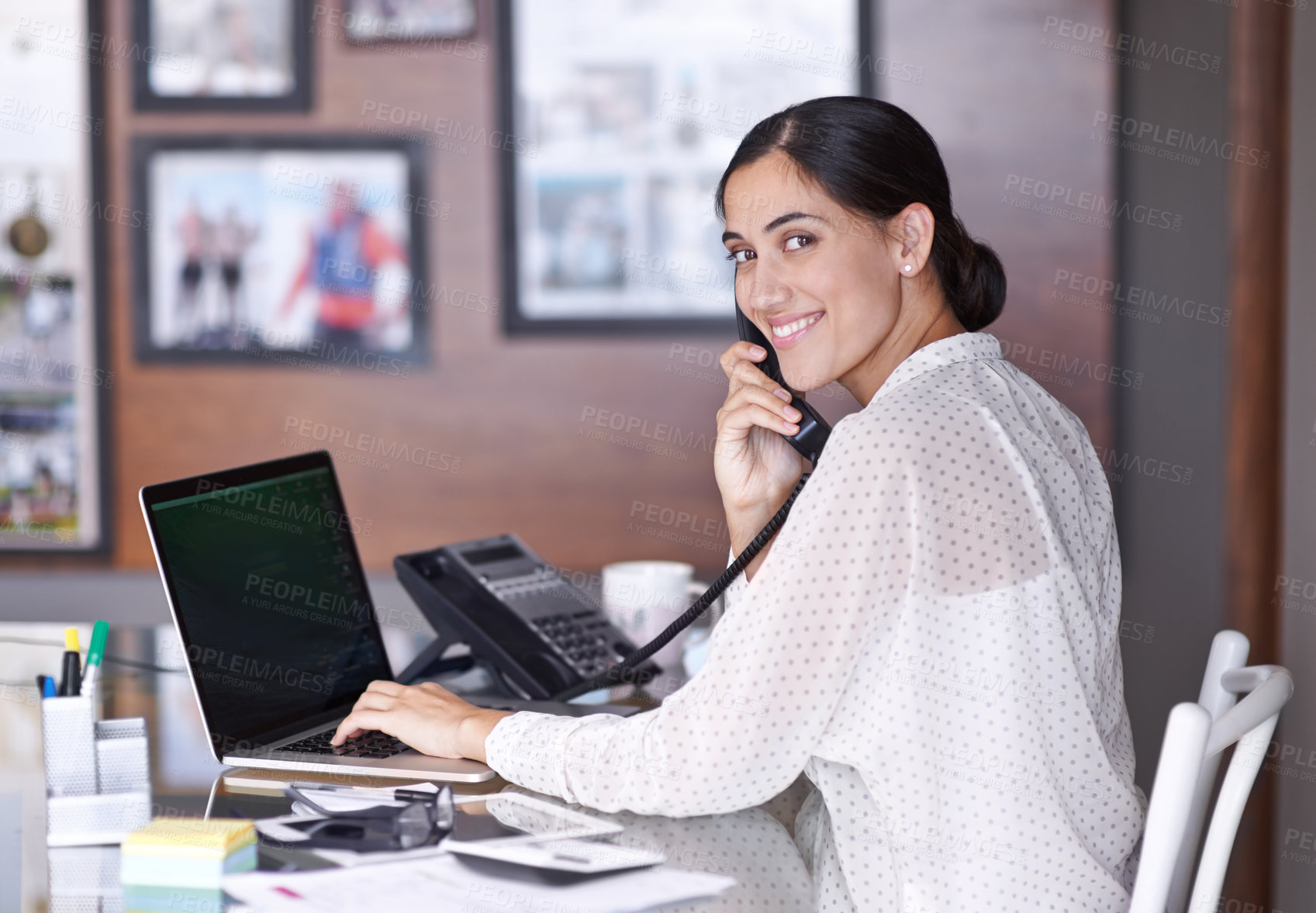 Buy stock photo Woman, call and laptop with telephone, portrait and smile for deskl with communication and work. Secretary, workspace and notes for schedule, planning and solution for small business or startup
