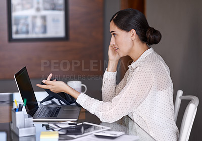 Buy stock photo Businesswoman, phone call and office with laptop, desk and online in corporate. Technology, contact and pointing for financial advisor, internet or client communication for finance and accounting