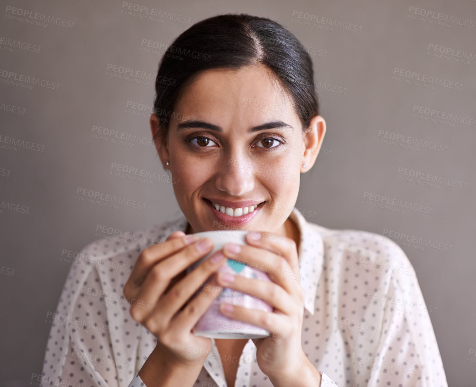 Buy stock photo Woman, studio and smile with coffee, portrait and cup for happiness and break. Person, mug and espresso with confidence, caffeine and relax for taste or calm with positivity and rest with beverage