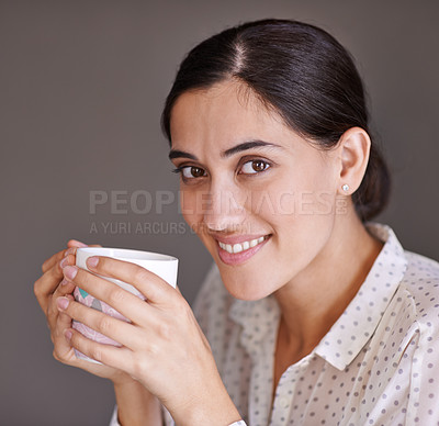 Buy stock photo Woman, studio and smile with mug, portrait and drinking for happiness and break. Person, coffee and espresso with confidence, caffeine and relax for taste or blog with review and rest with beverage