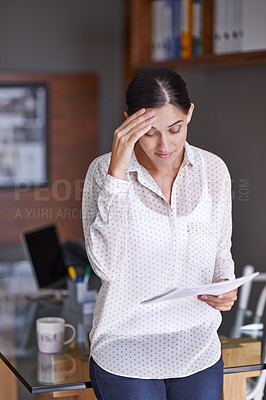 Buy stock photo Stress, paperwork and business woman reading in office for corporate finance data project. Frustrated, doubt and worried professional female financial advisor working with document in workplace. 