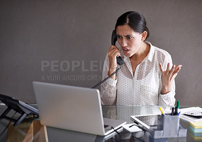 Buy stock photo Upset, woman and phone call in home office for conversation on work, frustrated and speaking on business for networking. Person, annoyed and discussion on startup company with laptop for research