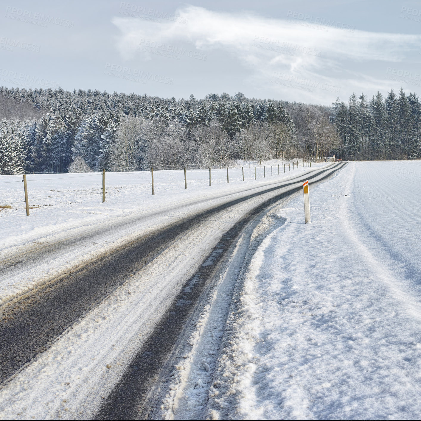 Buy stock photo Snow, road or nature with countryside travel, holiday and vacation scenery in Denmark or forest. Background, sky or street for journey, tourism or outdoor adventure with woods, trees or winter season