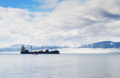 Buy stock photo Ship, journey and sailing at sea with cargo for transportation, international trade and logistics industry in morning. Export, vessel and freight in ocean for travel, shipping business or merchandise