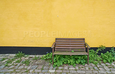 Buy stock photo Wooden wall, bench and outdoor with plants, structure and furniture with mockup space. Outside, chair and stones with texture and design with summer and building with light and growth with street