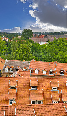 Buy stock photo Rooftop, Europe and location for outdoor, historical and forest in travel with historic architecture. Germany, villa and windows for outside, real estate and tourist attraction in urban background 