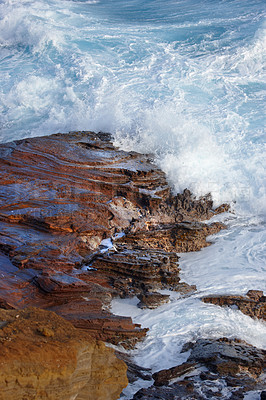 Buy stock photo Beach, water and travel with freedom, vacation or summer holiday, seascape or adventure in nature. Ocean, rock or boulder in Portugal for tropical paradise, peace or relax with stress relief at sea