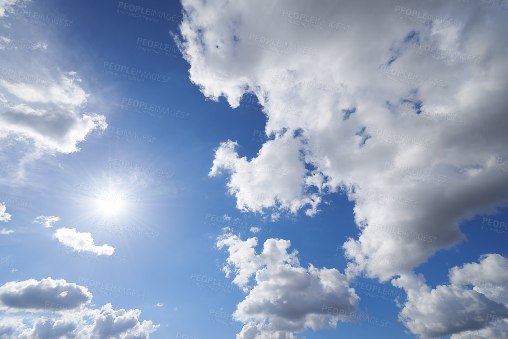 Buy stock photo Sun, cloud and blue sky with heaven or nature for hope, faith or natural outdoor scenery. Sunny day, cloudy fog and sphere of sunshine, celestial ball or bright orb in the air for summer or weather