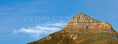 Buy stock photo Mountain, blue sky and peak with natural landscape for travel location, outdoor adventure and environment. Banner, nature and landmark for peace, explore and holiday destination in Cape Town.