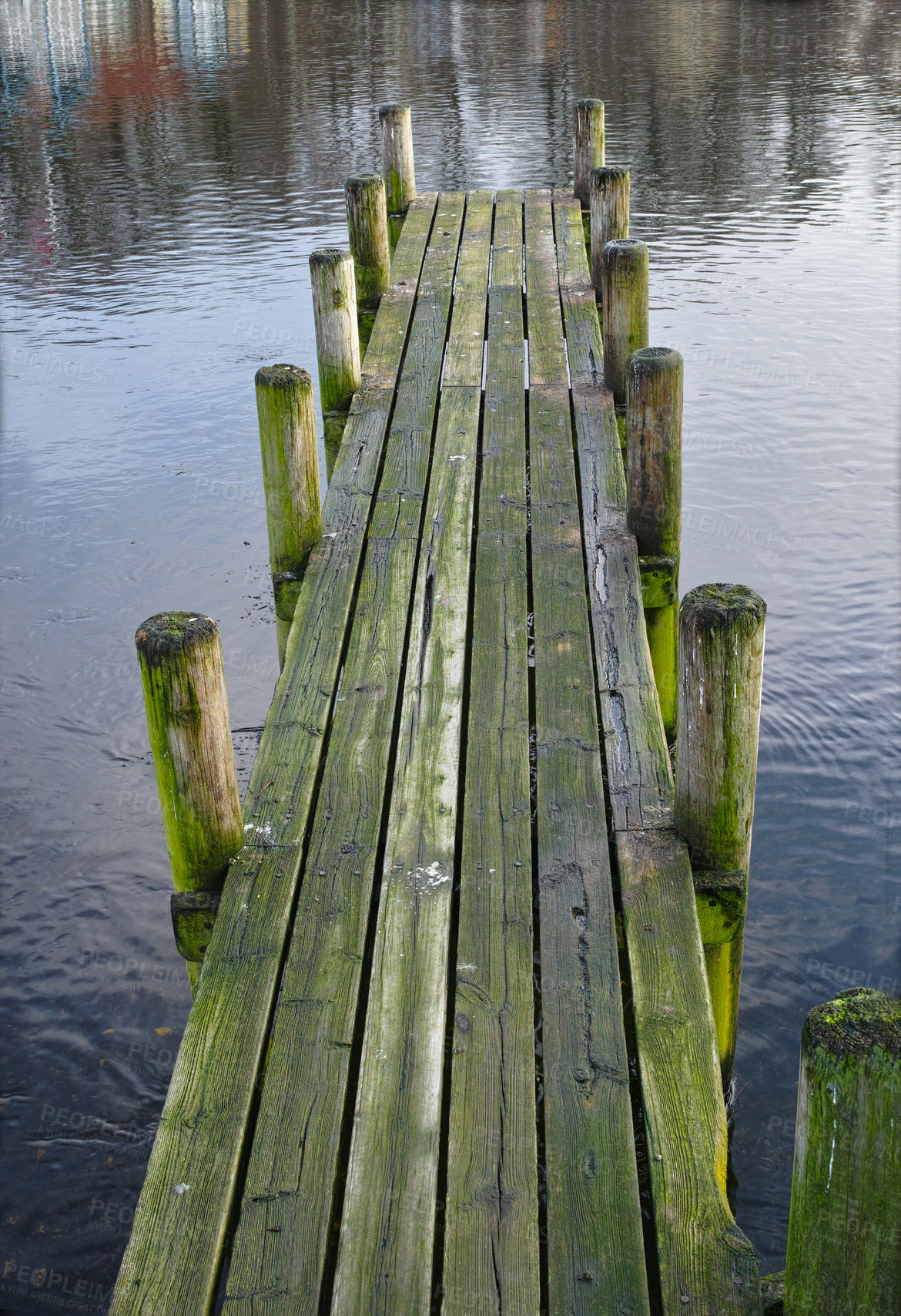 Buy stock photo Wood, bridge and lake in nature for travel, environment and camp destination for summer. Wooden pier, dock or path to water, peace and calm in location for adventure with perspective and background