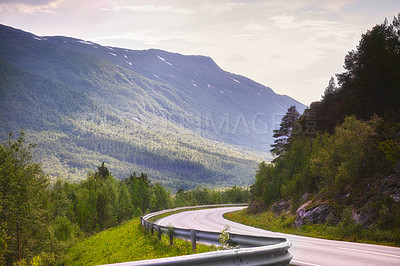 Buy stock photo Road, mountain and travel with nature landscape, direction and destination with asphalt in Norway. Environment, street and location, journey and traveling view outdoor with horizon and countryside
