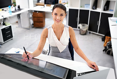 Buy stock photo A young businesswoman using touch technology