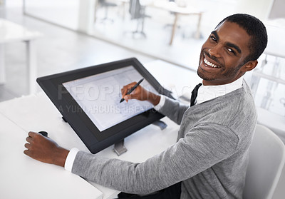 Buy stock photo Tablet, smile and portrait of man architect in office for creative project for sketch. Happy, industry and African designer working on digital blueprint or illustration with technology in workplace.