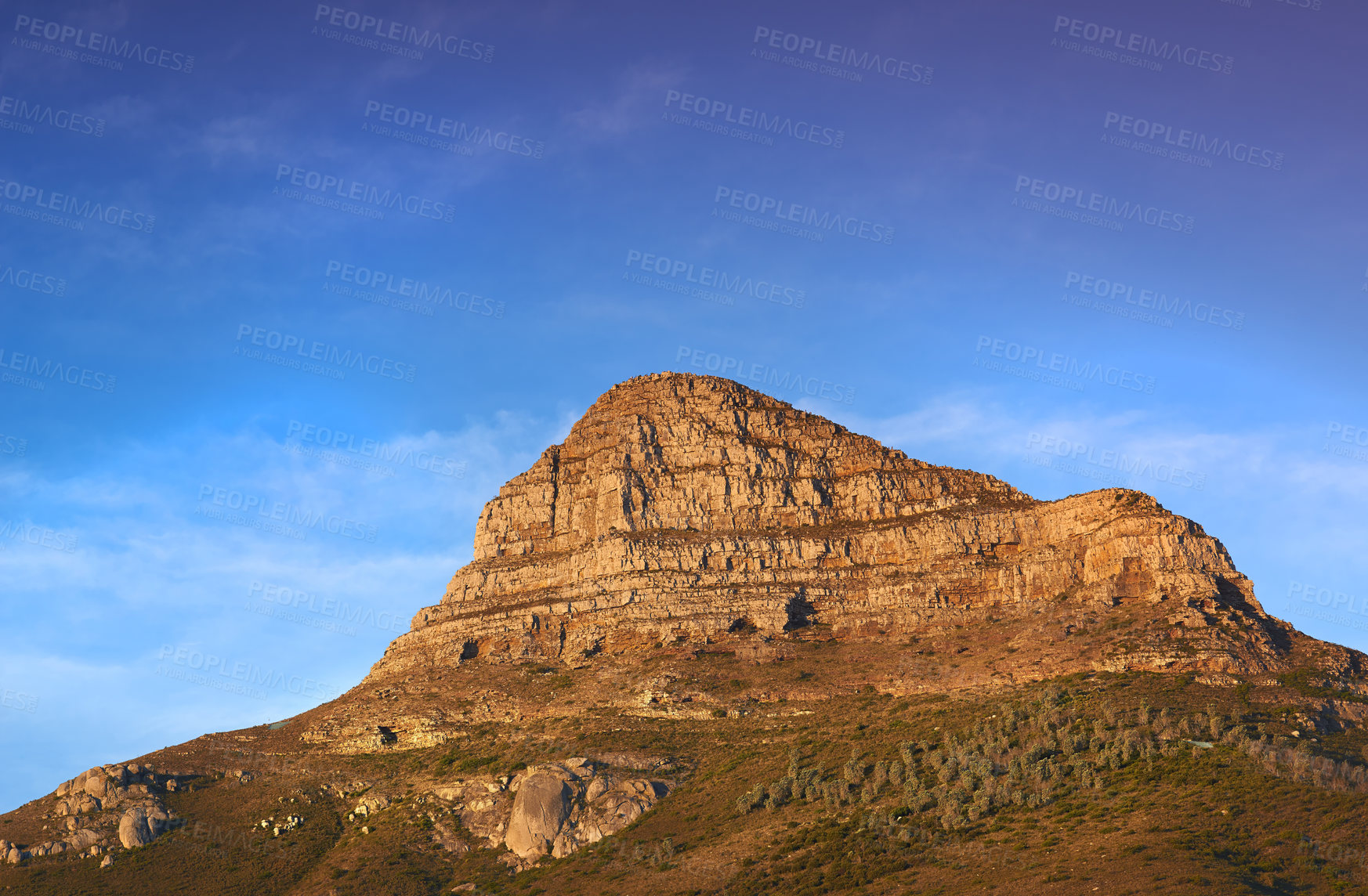 Buy stock photo Mountain, peak and natural landscape with blue sky, summer and calm cliff at tranquil travel location. Nature, evening and sustainable environment with earth, sunshine and serene hill in Cape Town