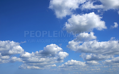 Buy stock photo Blue sky, cloud and weather with mockup space of nature, outdoor climate or natural scenery in air. Landscape with clean ozone, view or skyline of heaven, condensation or cloudy day in the atmosphere