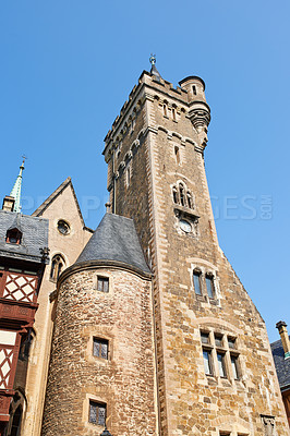 Buy stock photo Architectural, building and history of temple, castle or arcade in outdoor environment. Germany, traditional museum and artistic walls in landscape clouds, blue sky and rocks or marble for design