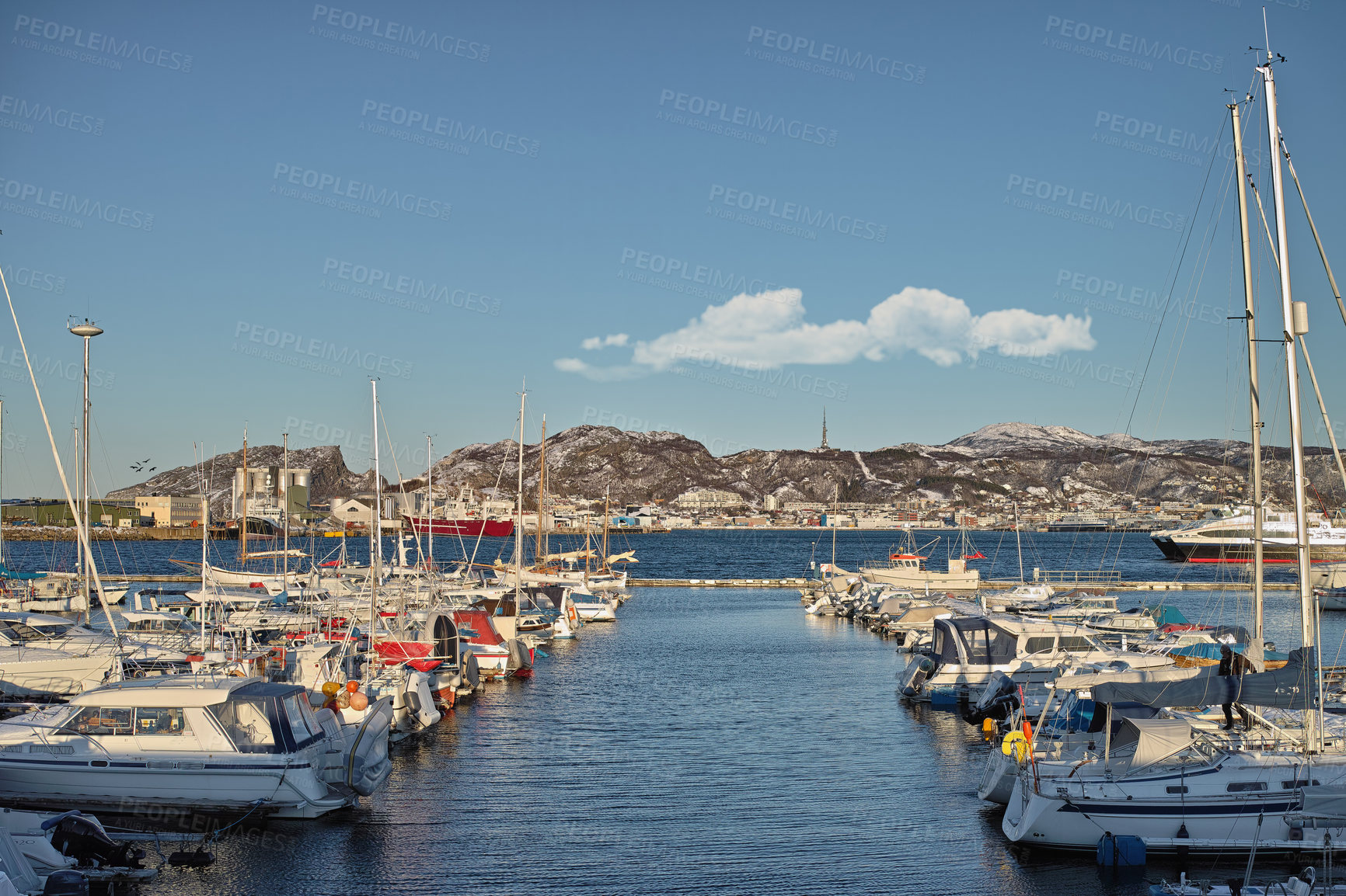 Buy stock photo Harbor, boat and ready for sail in outdoors, travel and yacht on holiday or vacation for trip. Marina, seaside and ship on water for peace or calm at dock, cruise transport and ocean or sea on island