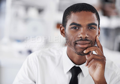 Buy stock photo Businessman, portrait and decision for ideas or vision, startup and professional in formal clothes. Black man, corporate and working in office or workstation, confident and salesman in workplace