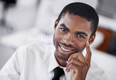 Buy stock photo Portrait, businessman or thinking in office of idea or ambition in corporate career in workplace. Happy face, planning or pride of consultant with satisfaction, professional or job in startup company