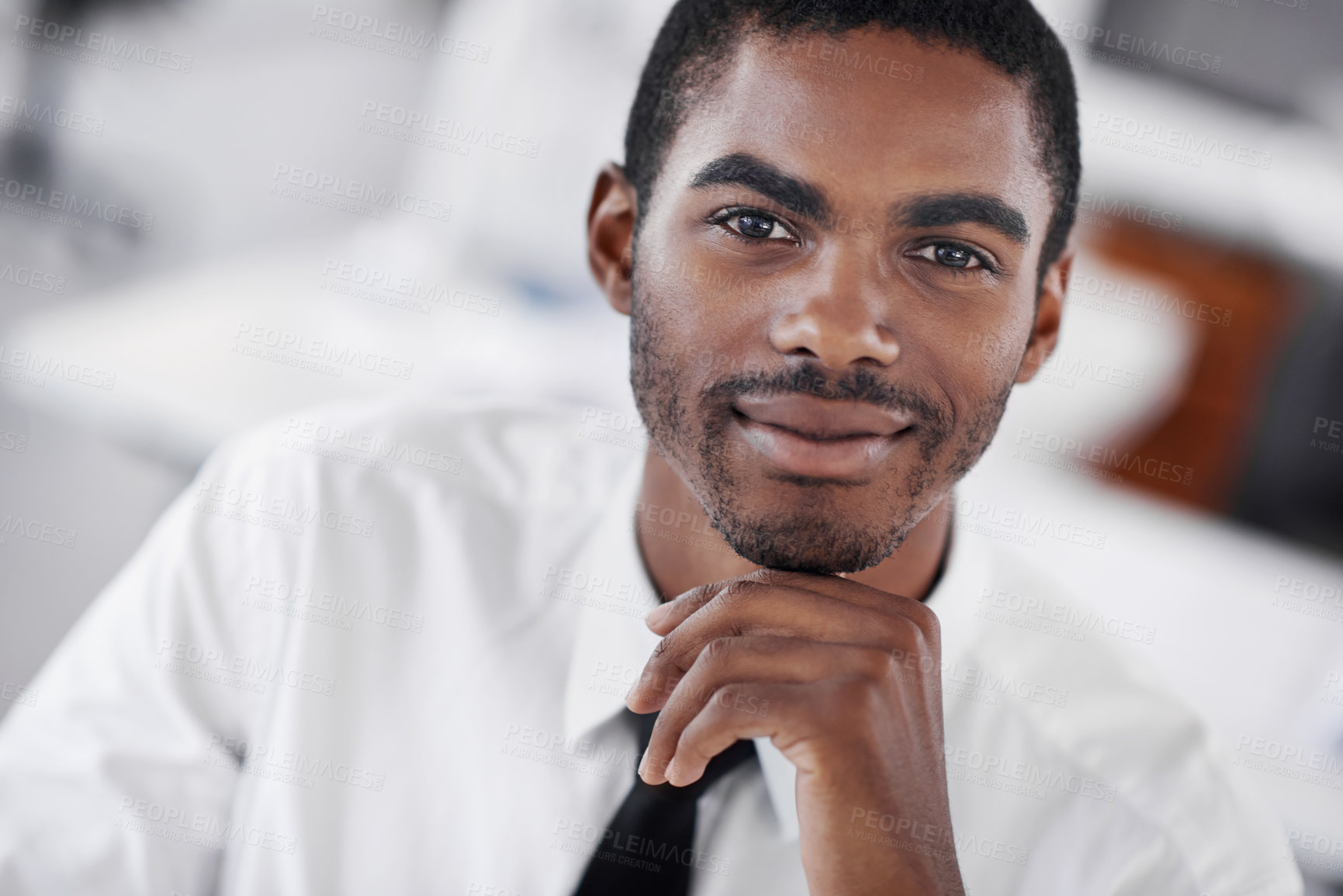 Buy stock photo Black man, portrait and decision for business ideas, startup and professional in formal clothes or outfit. Businessman, corporate and working in office thoughts or planning and salesman in workplace