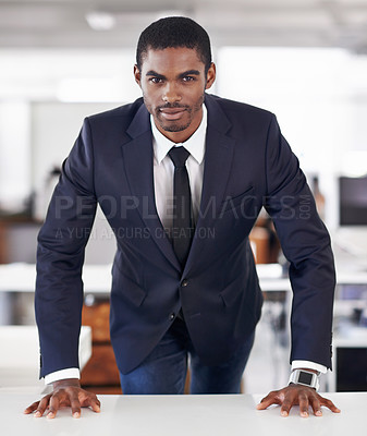 Buy stock photo Portrait, businessman and positive in office with ambition and assertive in corporate career in workplace. Happy face, black person and entrepreneur with planning and professional in startup company