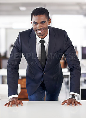 Buy stock photo Portrait, businessman and happy in office with ambition and assertive in corporate career in workplace. Positive face, black person and entrepreneur with planning and professional in startup company