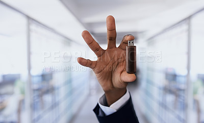 Buy stock photo Hands, person and usb stick technology for data transfer, storage and backup memory on hardware. Closeup, fingers and digital flash drive for software, info and employee with electronic pendrive