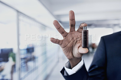 Buy stock photo Hands, person and pendrive technology for data security, storage or backup memory on hardware. Closeup, fingers or digital usb stick for software, information or employee with flash drive electronics