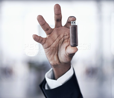 Buy stock photo Hand, person and usb card technology for data security, storage or backup memory on hardware. Closeup, fingers or digital pendrive for software, information or employee with flash drive electronics