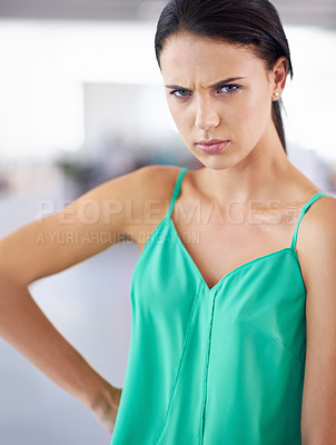 Buy stock photo Portrait, stress and angry with woman, frustrated and emotions with expression and news. Face, person and girl with reaction and defensive body language with frown and omg with feedback and emoji