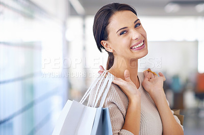 Buy stock photo Portrait, smile and woman with shopping bags for fashion, sales or discount at retail store for commerce. Face, customer and happy person with gifts at mall or boutique for purchase of casual clothes